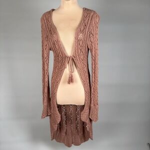 Venus Open Front Crochet Knit Long Cardigan Duster Tassel Tie S